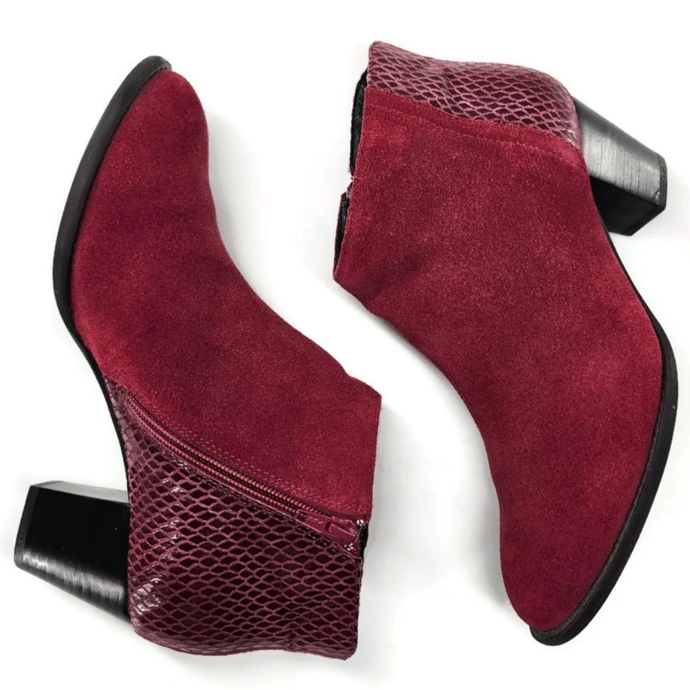 Vionic Bromley Cabernet Red Suede & Textured Snake Print Block Heel Ankle Boots - Picture 7 of 13